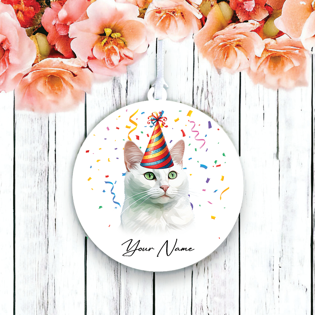 Personalised Russian White Cat Birthday Party Hat - Hanging Bauble Decoration