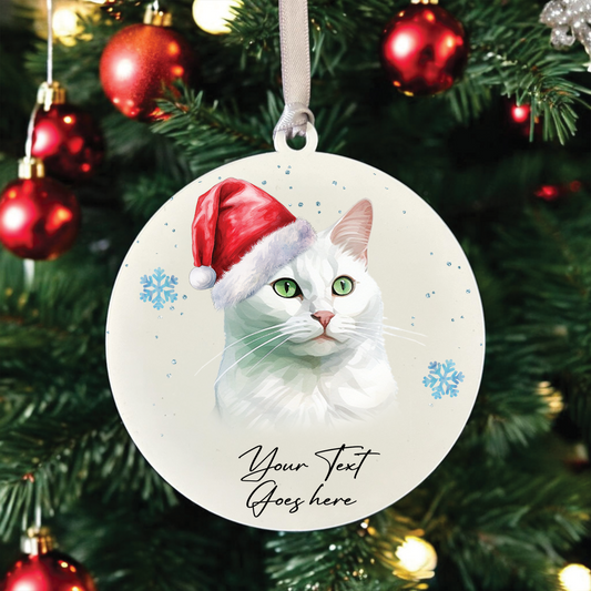 Personalised Christmas Russian White in Santa Hat - Hanging Cat Bauble Decoration