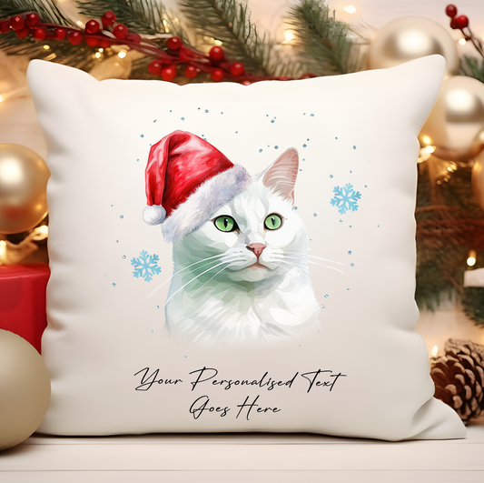 Personalised Cat Christmas Russian White in Santa Hat - Cushion Cover Gift