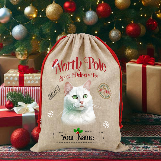 Personalised Russian White - Cat North Pole Santa Sack