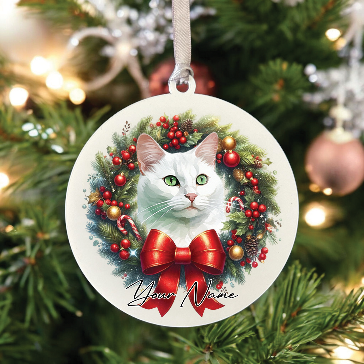 Personalised Russian White Cat Christmas Wreath - Hanging Bauble Decoration