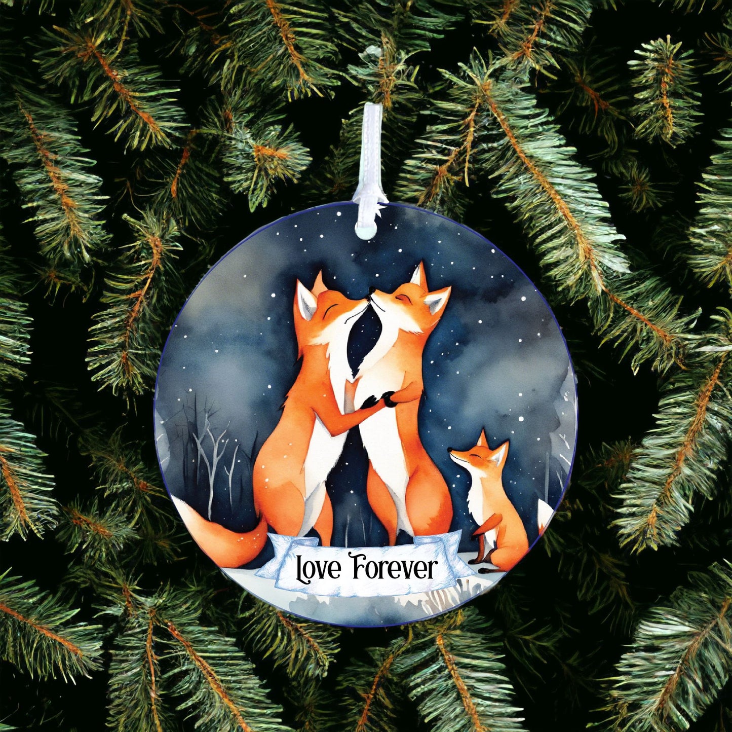 Personalised Fox Family Winter Starry Night Decoration B - Acrylic Bauble Christmas Tree Ornament Gift Keepsake