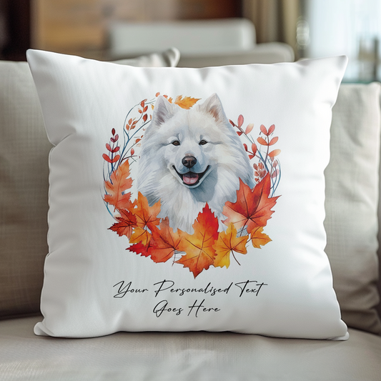 Personalised Samoyed in an Autumn wreath - Keepsake Gift cushion, by Floppsie Moppsie – floppsiemoppsie at floppsiemoppsie.co.uk