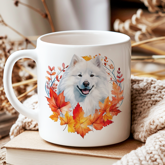 Personalised Samoyed in an Autumn wreath - Keepsake Mug, ideal gift for Birthday and Christmas Gift, by Floppsie Moppsie – floppsiemoppsie at floppsiemoppsie.co.uk