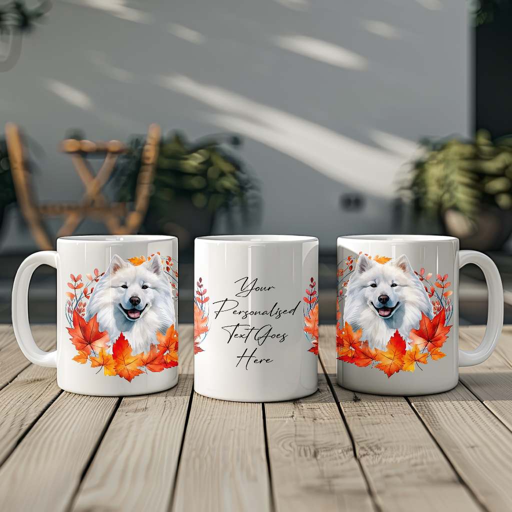 Personalised Samoyed in an Autumn wreath - Keepsake Mug, ideal gift for Birthday and Christmas Gift, by Floppsie Moppsie – floppsiemoppsie at floppsiemoppsie.co.uk