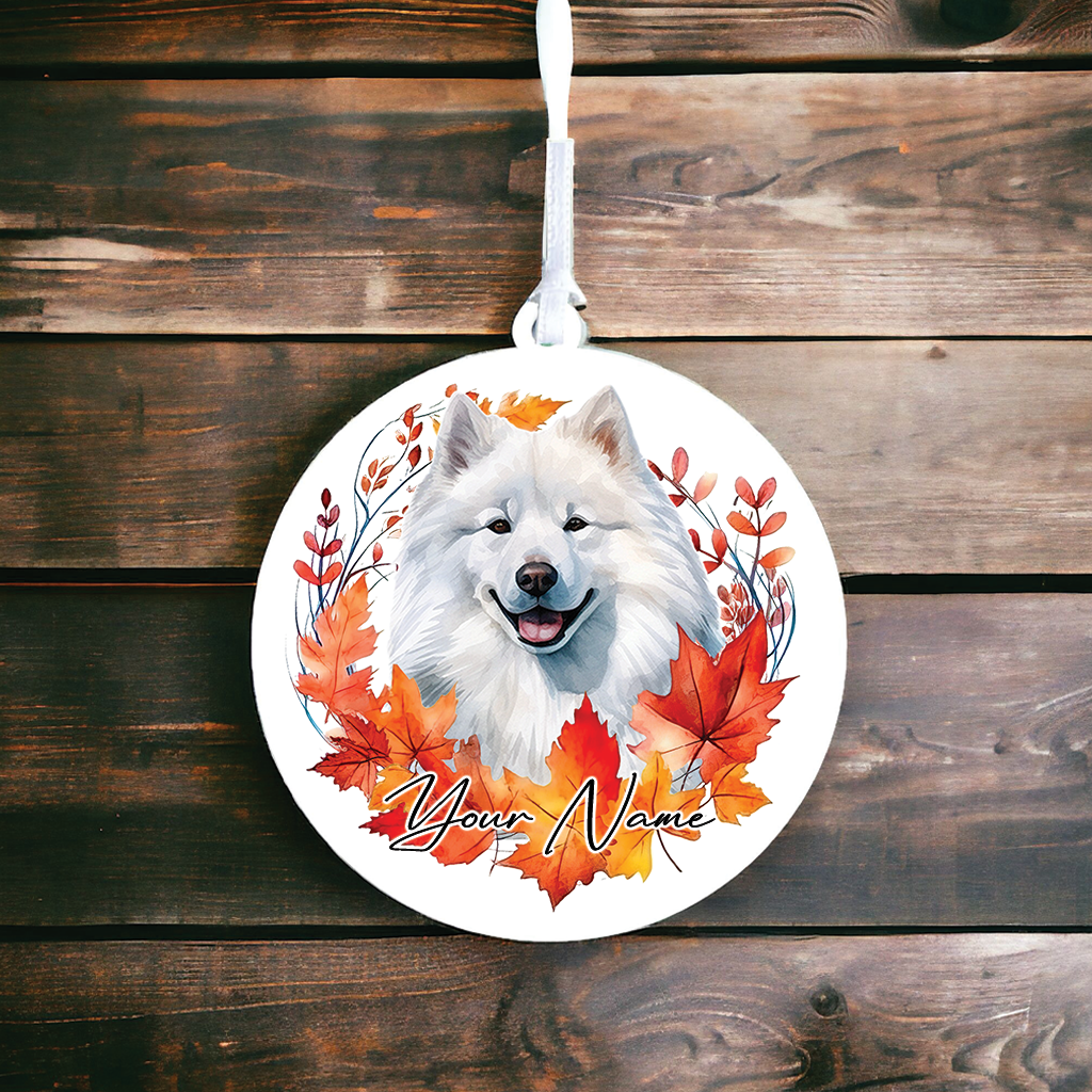 Personalised Dog Samoyed in an autumn wreath - Keepsake Gift Hanging Decoration, by Floppsie Moppsie – floppsiemoppsie at floppsiemoppsie.co.uk