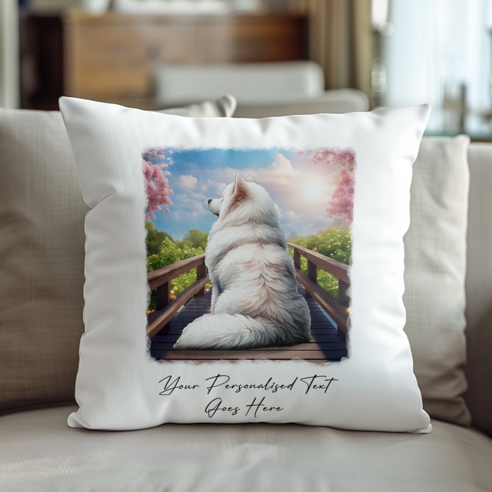 Personalised Samoyed – Looking out across a Bridge Pet Gift Cushion, by Floppsie Moppsie – floppsiemoppsie at floppsiemoppsie.co.uk