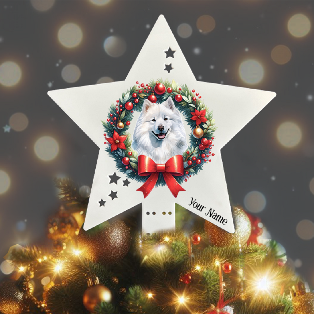 Personalised Pet Dog Samoyed wreath Christmas Tree Topper - Keepsake Gift, by Floppsie Moppsie – floppsiemoppsie at floppsiemoppsie.co.uk

