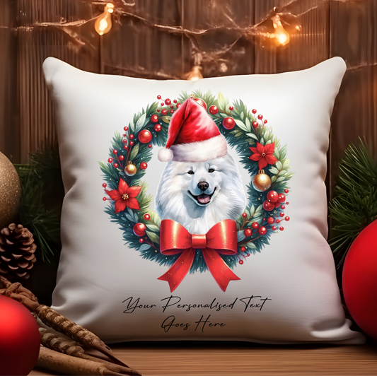 Personalised Samoyed with Santa Hat in a Christmas wreath - Keepsake Gift cushion, by Floppsie Moppsie – floppsiemoppsie at floppsiemoppsie.co.uk