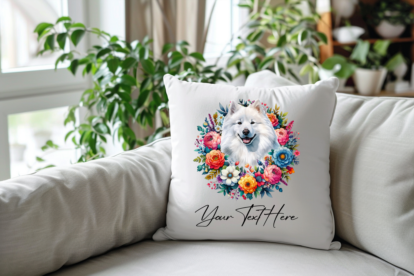 Personalised Floral Summer Pet Dog Wreath with Samoyed - Keepsake Gift Cushion, by Floppsie Moppsie – floppsiemoppsie at floppsiemoppsie.co.uk