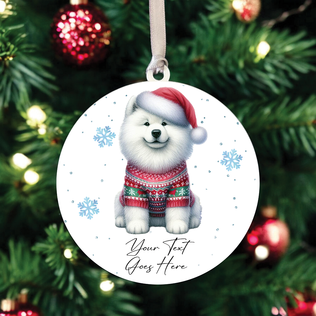 A Personalised Samoyed Jumper Dog Hanging Bauble Decoration