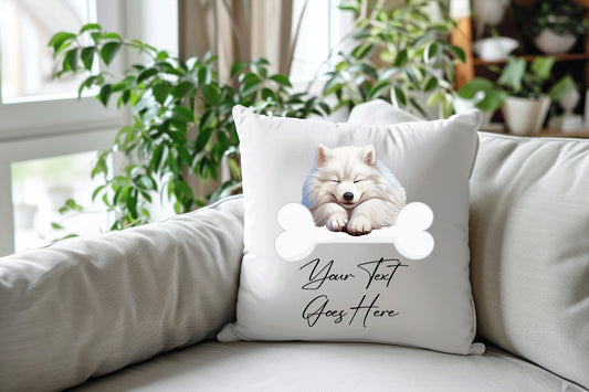 Personalised Samoyed sleeping on a bone Pet Dog Keepsake Gift Cushion, by Floppsie Moppsie – floppsiemoppsie at floppsiemoppsie.co.uk