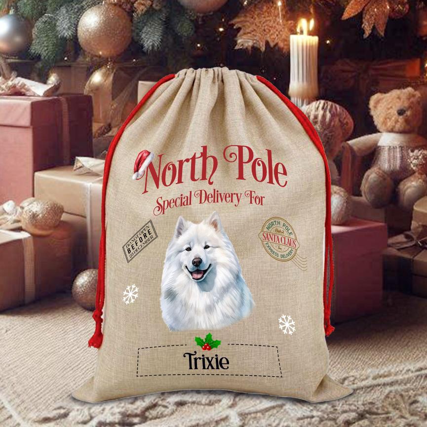 Personalised Dog Samoyed – North Pole Special Delivery Santa Sack Pet Gift, by Floppsie Moppsie – floppsiemoppsie at floppsiemoppsie.co.uk