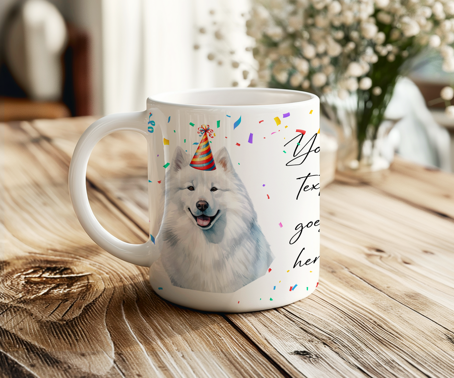 Personalised Dog Gift Mug - Samoyed with Birthday Congratulations Party Hat