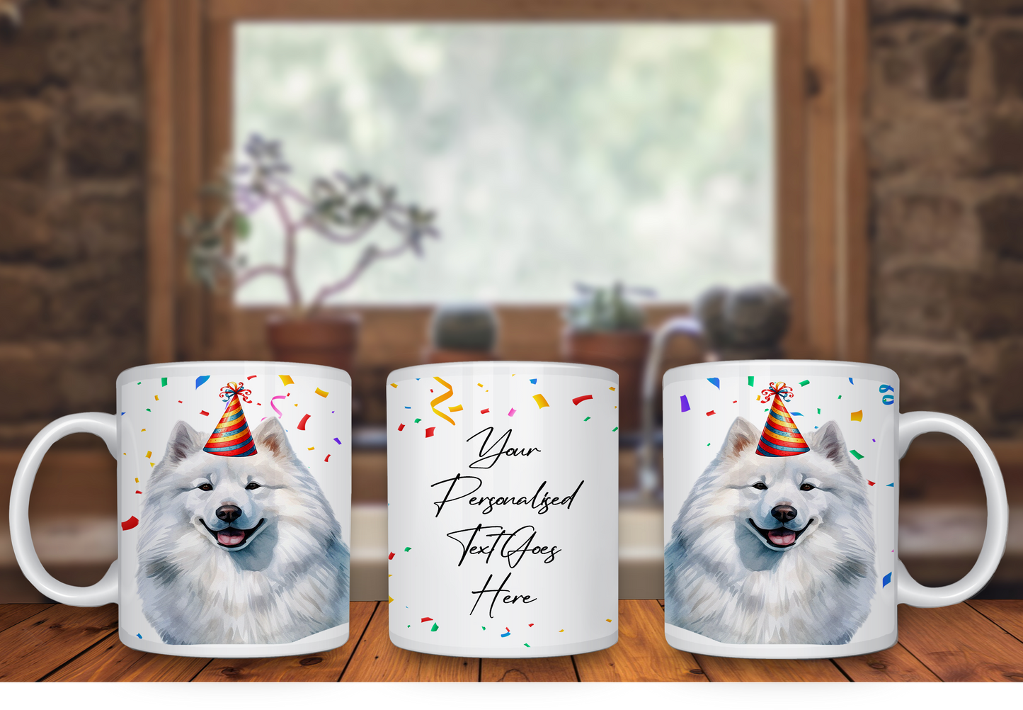 Personalised Dog Gift Mug - Samoyed with Birthday Congratulations Party Hat