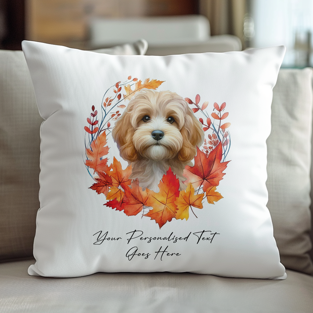 Personalised Sand Cockapoo in an Autumn wreath - Keepsake Gift cushion, by Floppsie Moppsie – floppsiemoppsie at floppsiemoppsie.co.uk