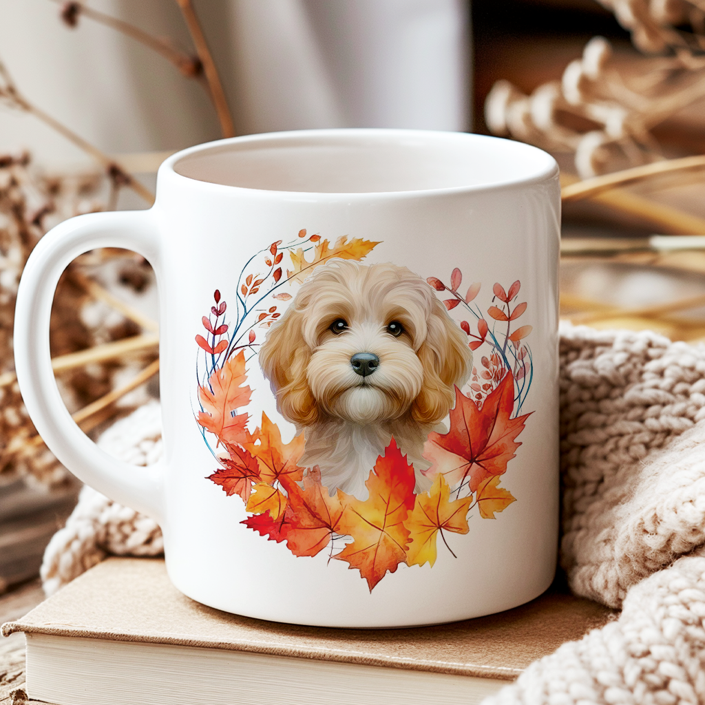 Personalised Sand Cockapoo in an Autumn wreath - Keepsake Mug, ideal gift for Birthday and Christmas Gift, by Floppsie Moppsie – floppsiemoppsie at floppsiemoppsie.co.uk