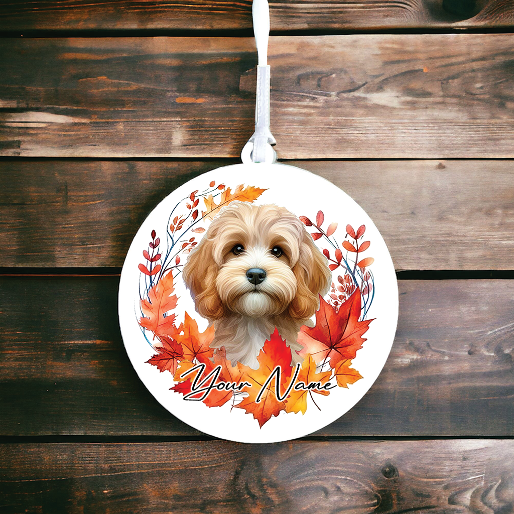 Personalised Dog Sand Cockapoo in an autumn wreath - Keepsake Gift Hanging Decoration, by Floppsie Moppsie – floppsiemoppsie at floppsiemoppsie.co.uk