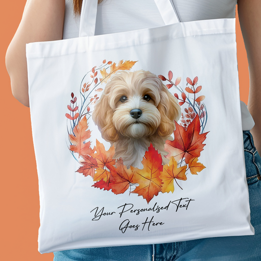 Personalised Dog Autumn Wreath Sand Cockapoo Tote Bag