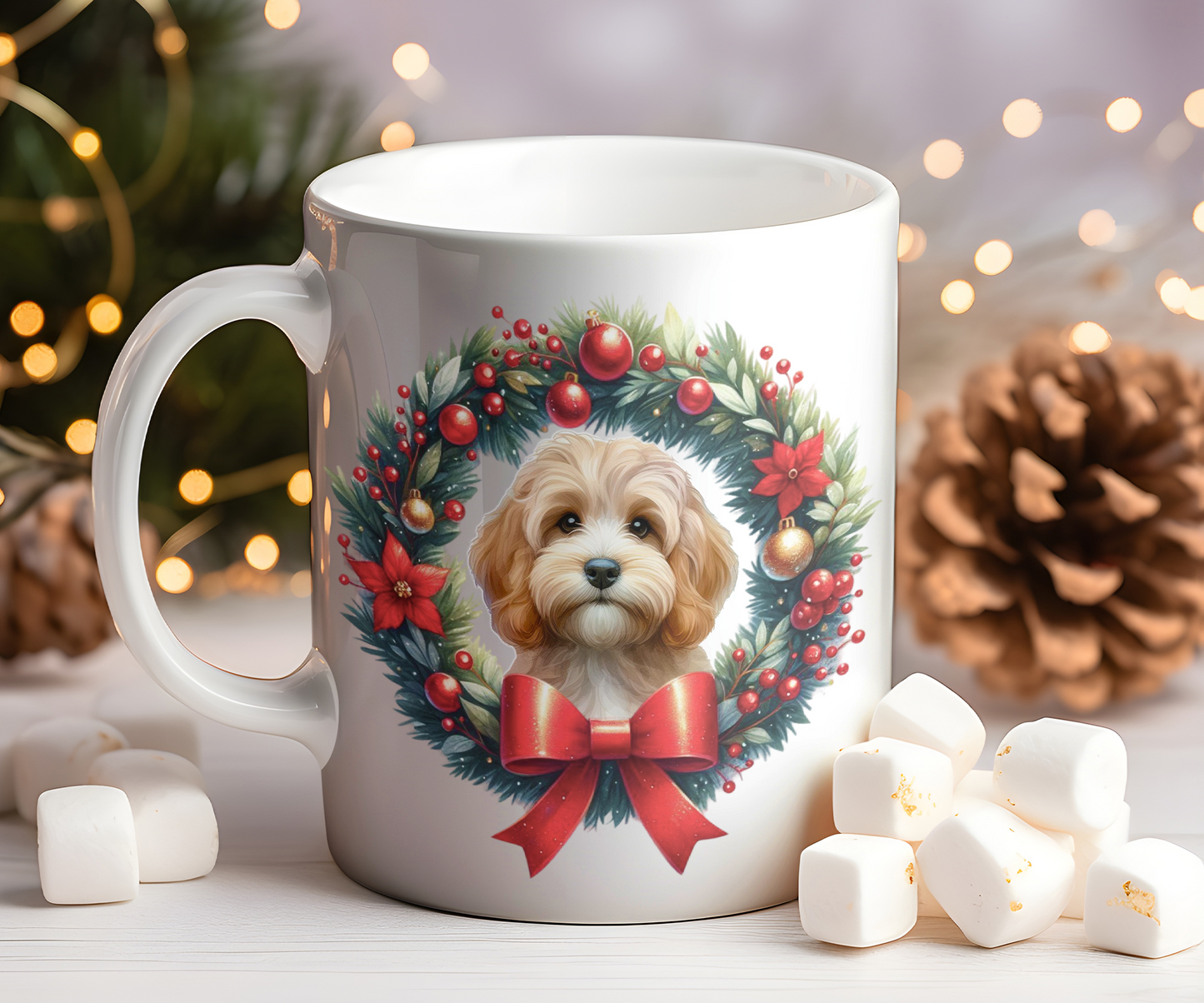 Personalised Sand Cockapoo Dog Christmas Wreath Gift Mug