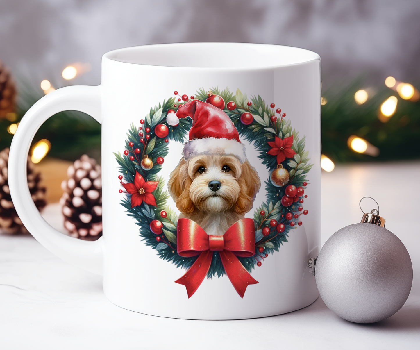 Personalised Sand Cockapoo Dog Christmas Wreath Gift Mug