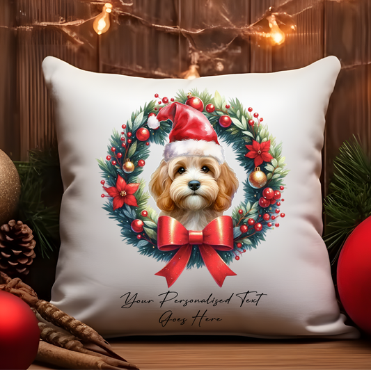 Personalised Sand Cockapoo with Santa Hat in a Christmas wreath - Keepsake Gift cushion, by Floppsie Moppsie – floppsiemoppsie at floppsiemoppsie.co.uk