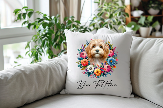 Personalised Floral Summer Pet Dog Wreath with Cockapoo - Keepsake Gift Cushion, by Floppsie Moppsie – floppsiemoppsie at floppsiemoppsie.co.uk