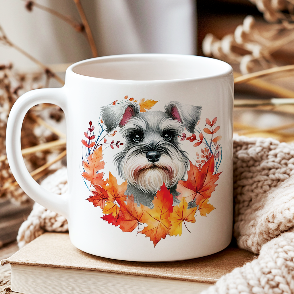 Personalised Schnauzer in an Autumn wreath - Keepsake Mug, ideal gift for Birthday and Christmas Gift, by Floppsie Moppsie – floppsiemoppsie at floppsiemoppsie.co.uk