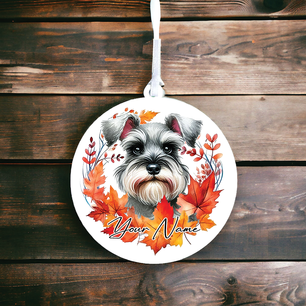 Personalised Dog Schnauzer in an autumn wreath - Keepsake Gift Hanging Decoration, by Floppsie Moppsie – floppsiemoppsie at floppsiemoppsie.co.uk