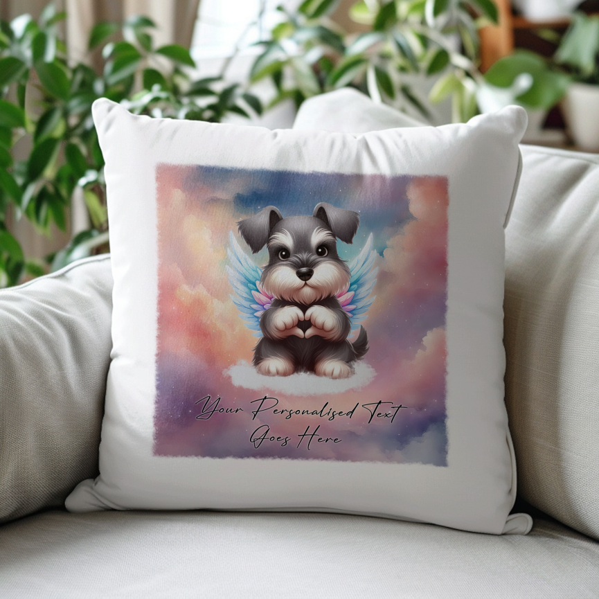 Personalised Dog Memorial Mug of Schnauzer with wings in clouds making a heart sign - Keepsake Gift Cushion, by Floppsie Moppsie – floppsiemoppsie at floppsiemoppsie.co.uk