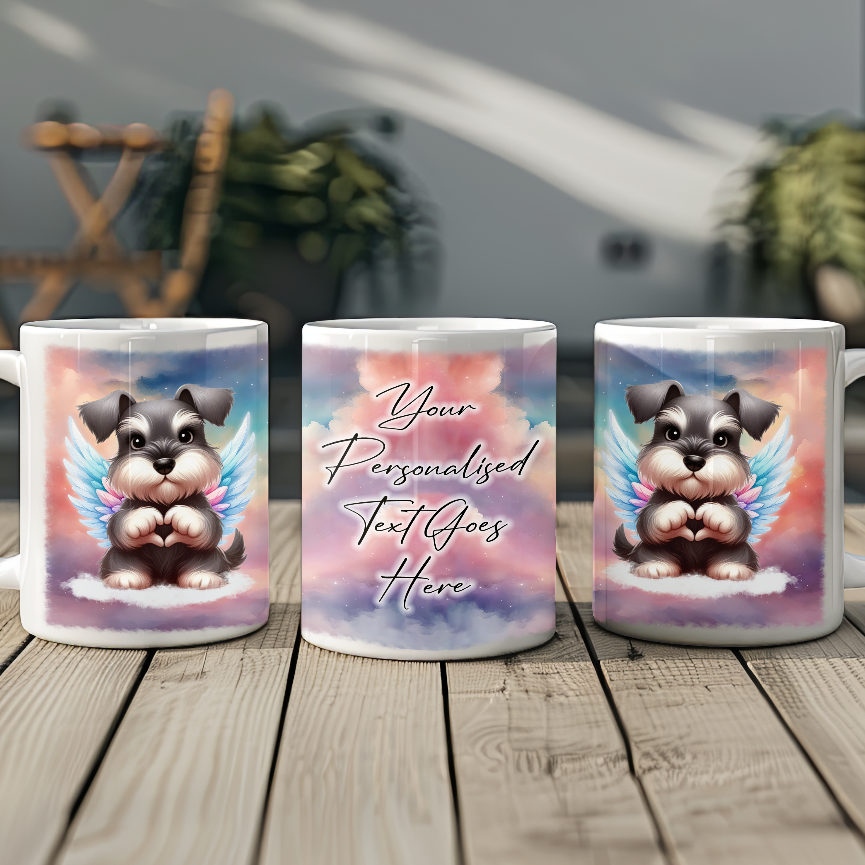 Personalised Dog Memorial Mug of Schnauzer with wings in clouds making a heart sign - Keepsake Gift Mug, by Floppsie Moppsie – floppsiemoppsie at floppsiemoppsie.co.uk