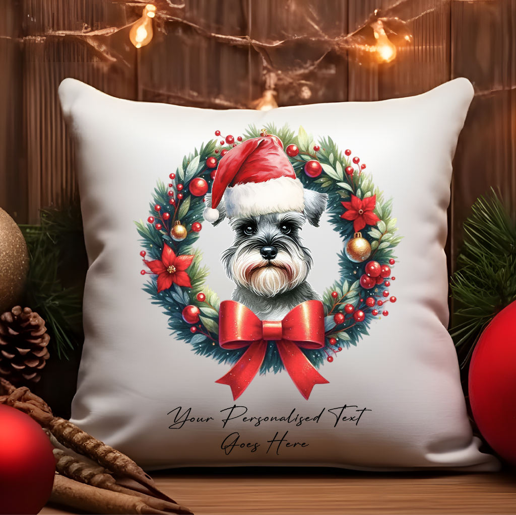 Personalised Schnauzer with Santa Hat in a Christmas wreath - Keepsake Gift cushion, by Floppsie Moppsie – floppsiemoppsie at floppsiemoppsie.co.uk