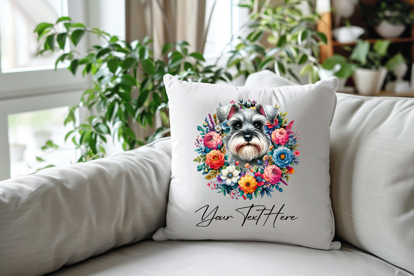 Personalised Floral Summer Pet Dog Wreath with Schnauzer - Keepsake Gift Cushion, by Floppsie Moppsie – floppsiemoppsie at floppsiemoppsie.co.uk