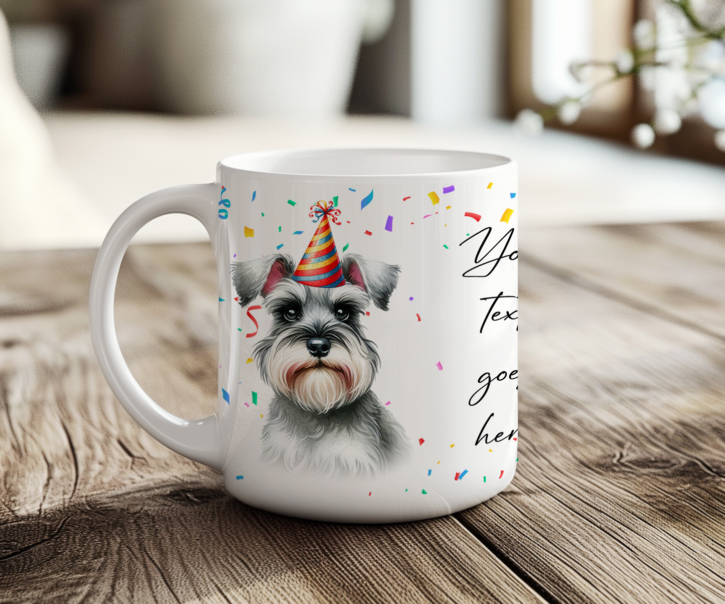 Personalised Dog Gift Mug - Schnauzer with Birthday Congratulations Party Hat