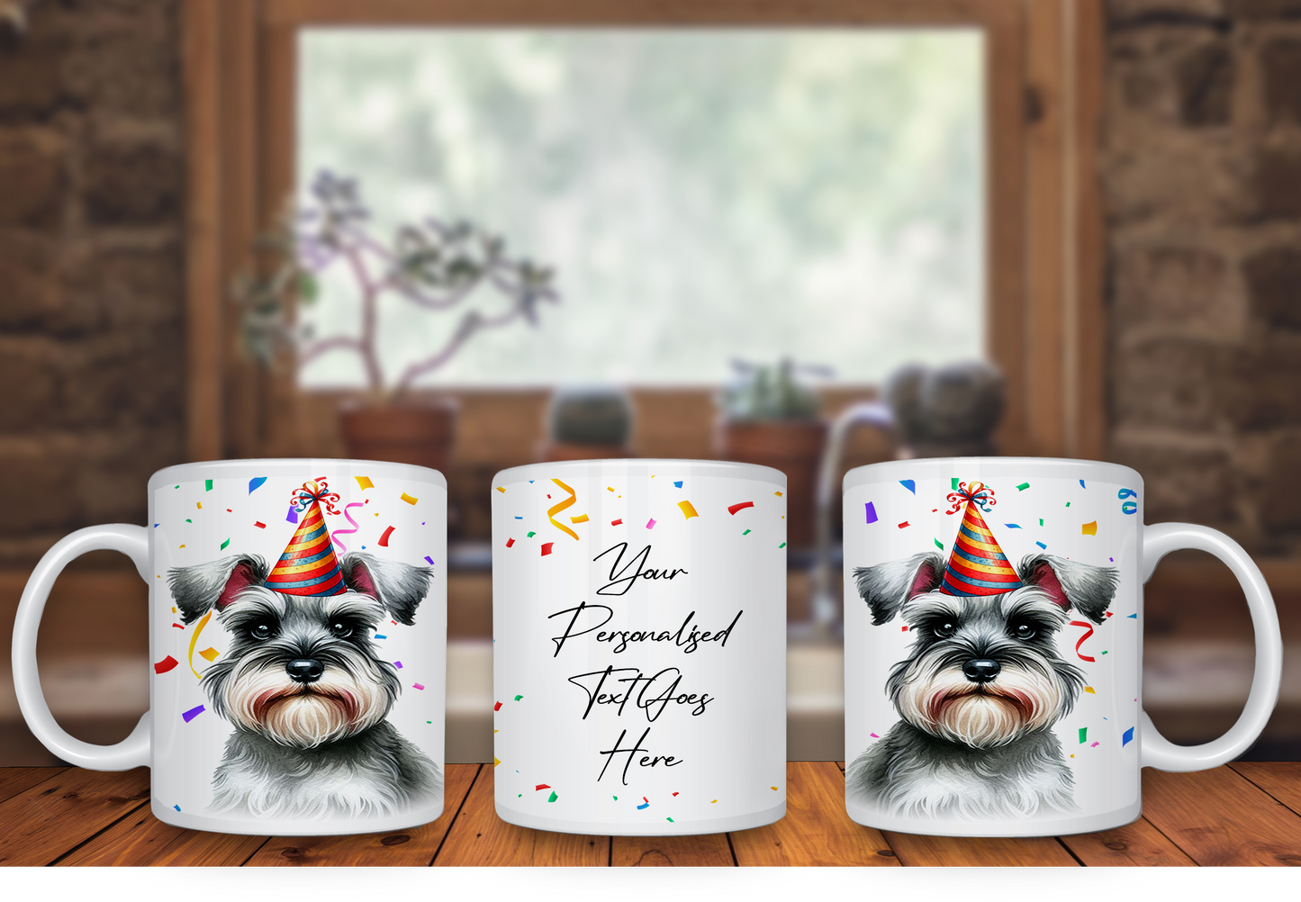 Personalised Dog Gift Mug - Schnauzer with Birthday Congratulations Party Hat