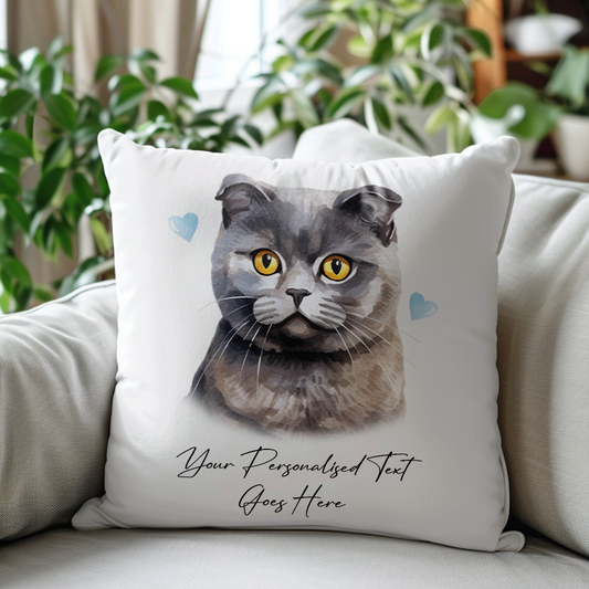 Personalised Scottish Fold Cat Love Hearts - Cushion Cover Gift