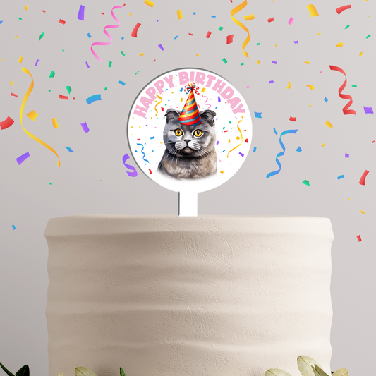 Personalised Cat Party Hat Cake Topper - Scottish Fold