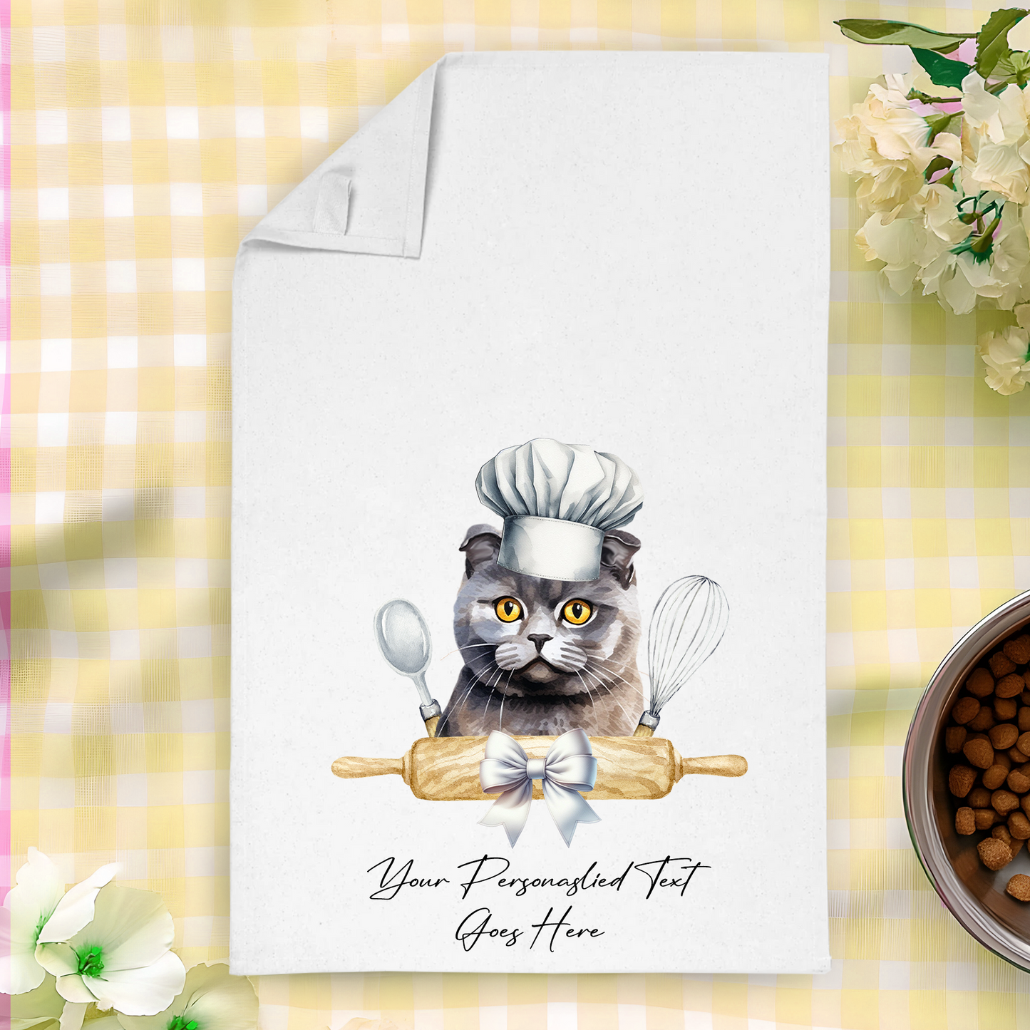 Personalised Cat In Chef Hat Gift Tea Towel - Scottish Fold