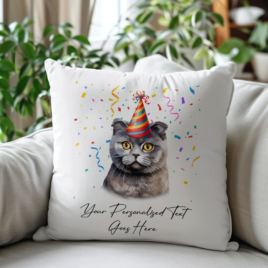 Personalised Scottish Fold Birthday Party Hat Cat - Cushion Cover Gift