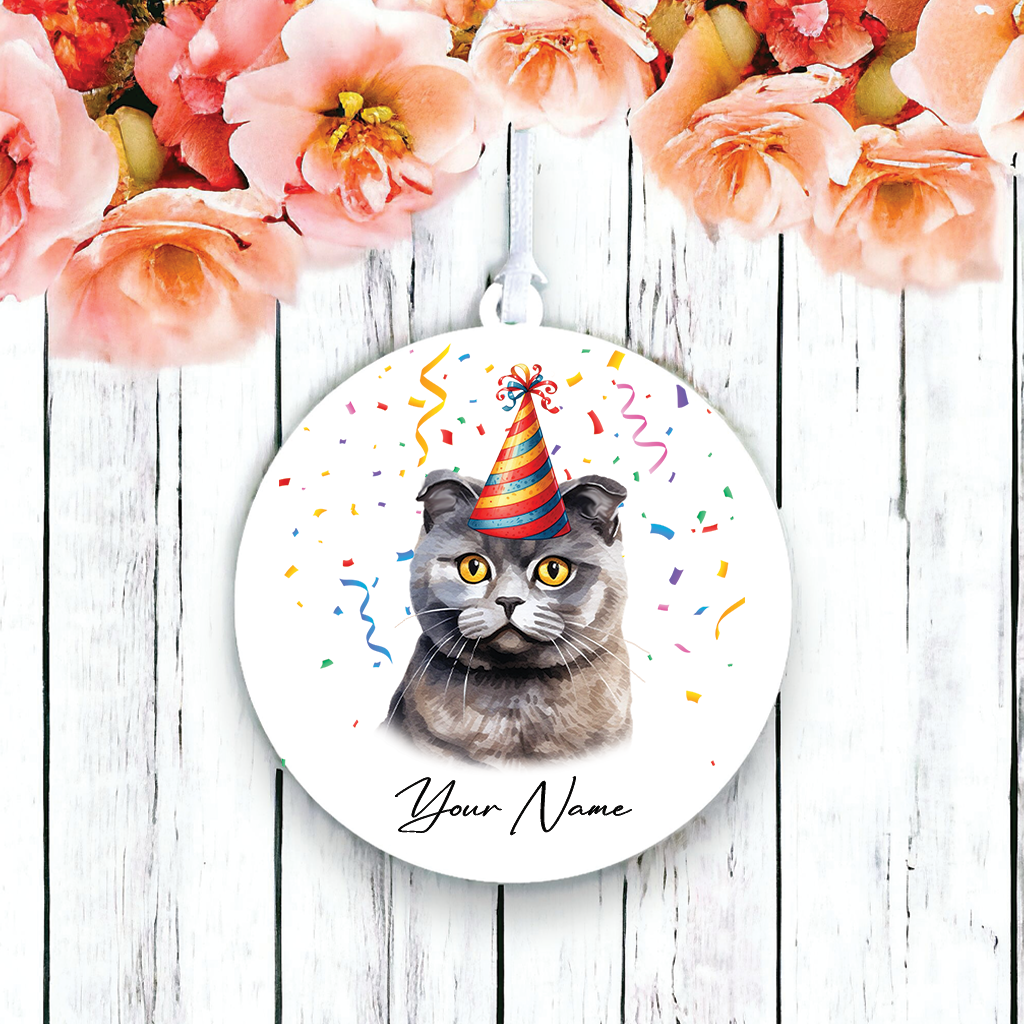 Personalised Scottish Fold Cat Birthday Party Hat - Hanging Bauble Decoration