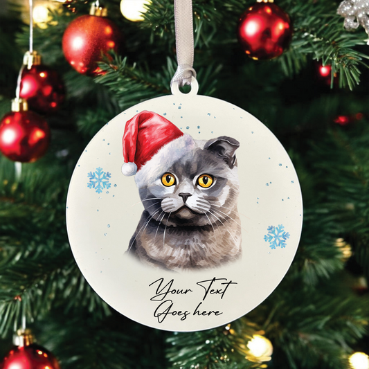 Personalised Christmas Scottish Fold in Santa Hat - Hanging Cat Bauble Decoration