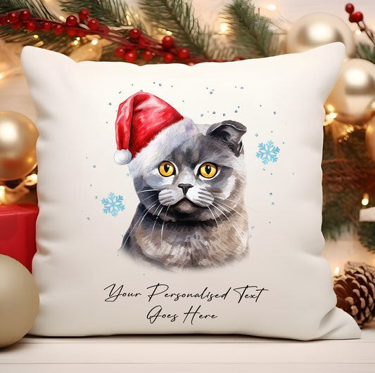 Personalised Cat Christmas Scottish Fold in Santa Hat - Cushion Cover Gift