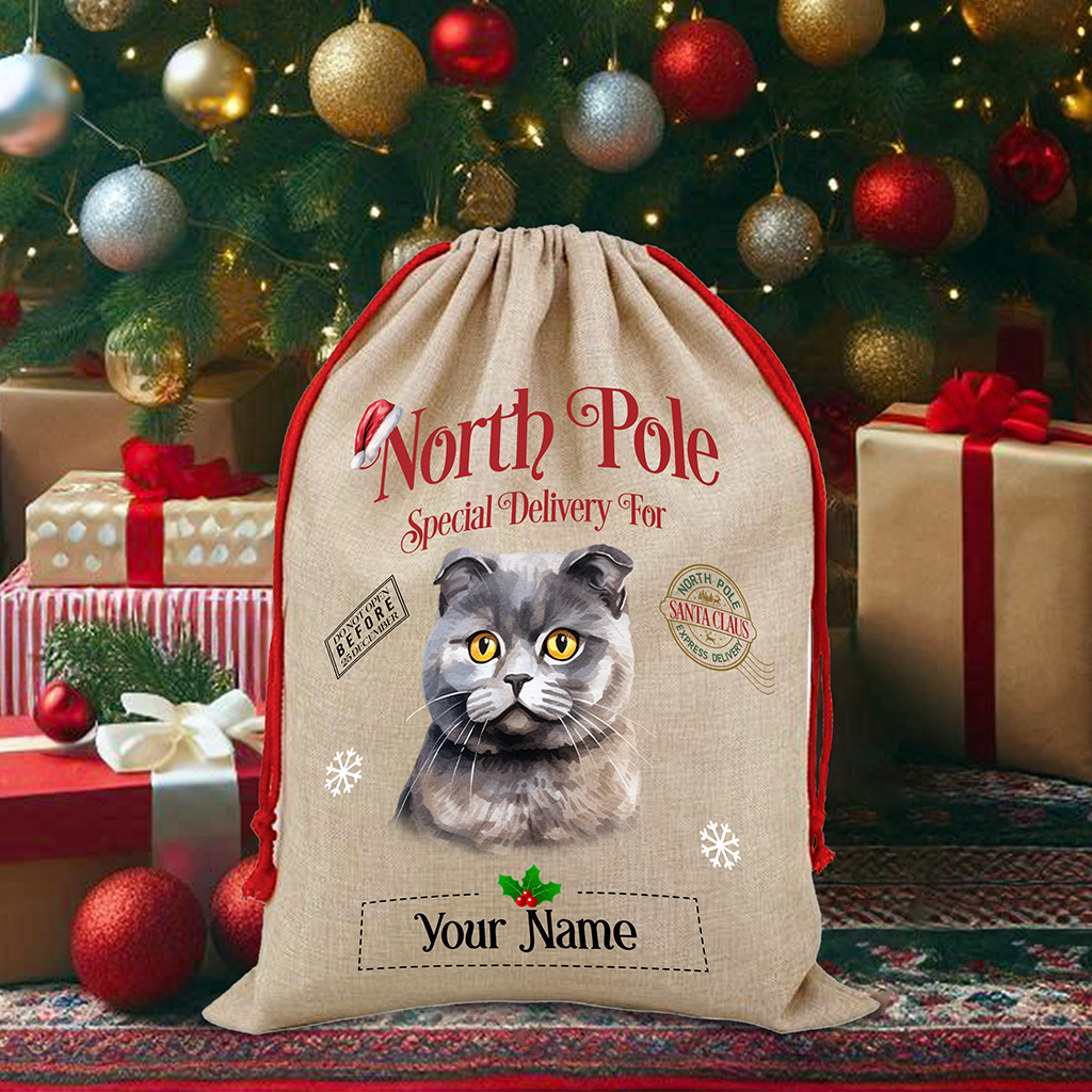 Personalised Scottish Fold - Cat North Pole Santa Sack