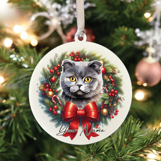 Personalised Scottish Fold Cat Christmas Wreath - Hanging Bauble Decoration