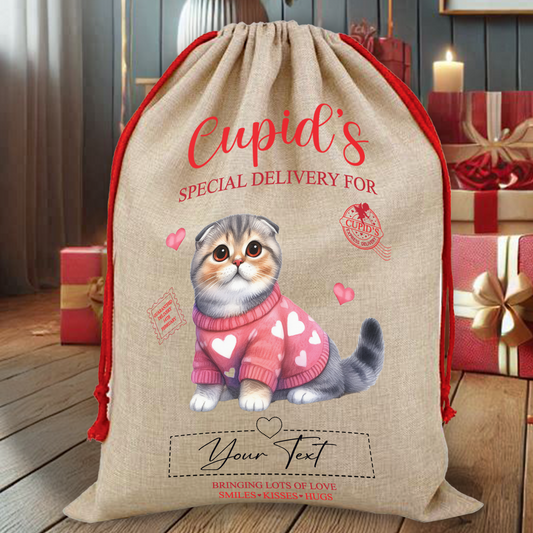 Personalised Cat Love Heart Valentine Anniversary Gift Sack - Scottish Fold