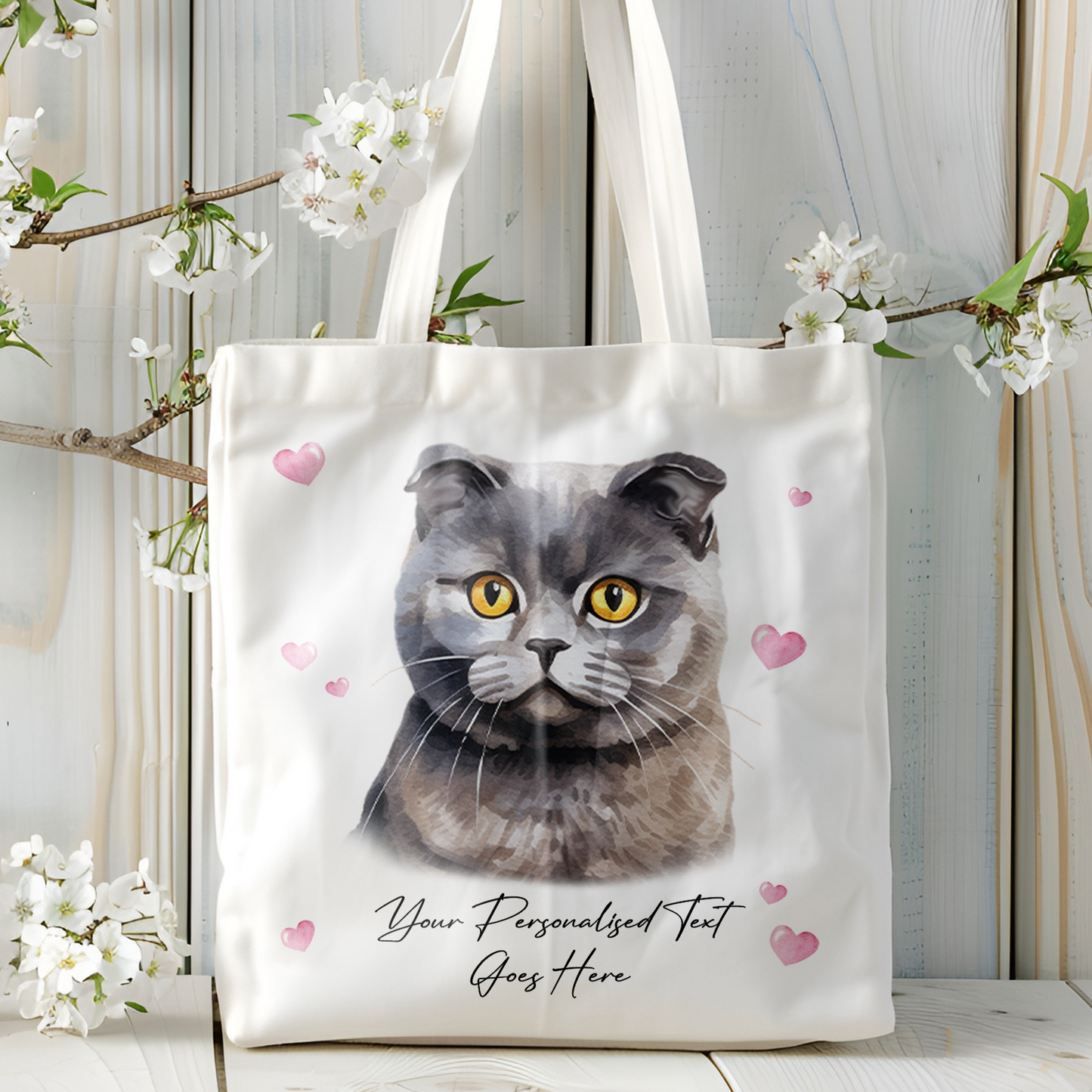 Personalised Cat Love Hearts Scottish Fold Tote Bag