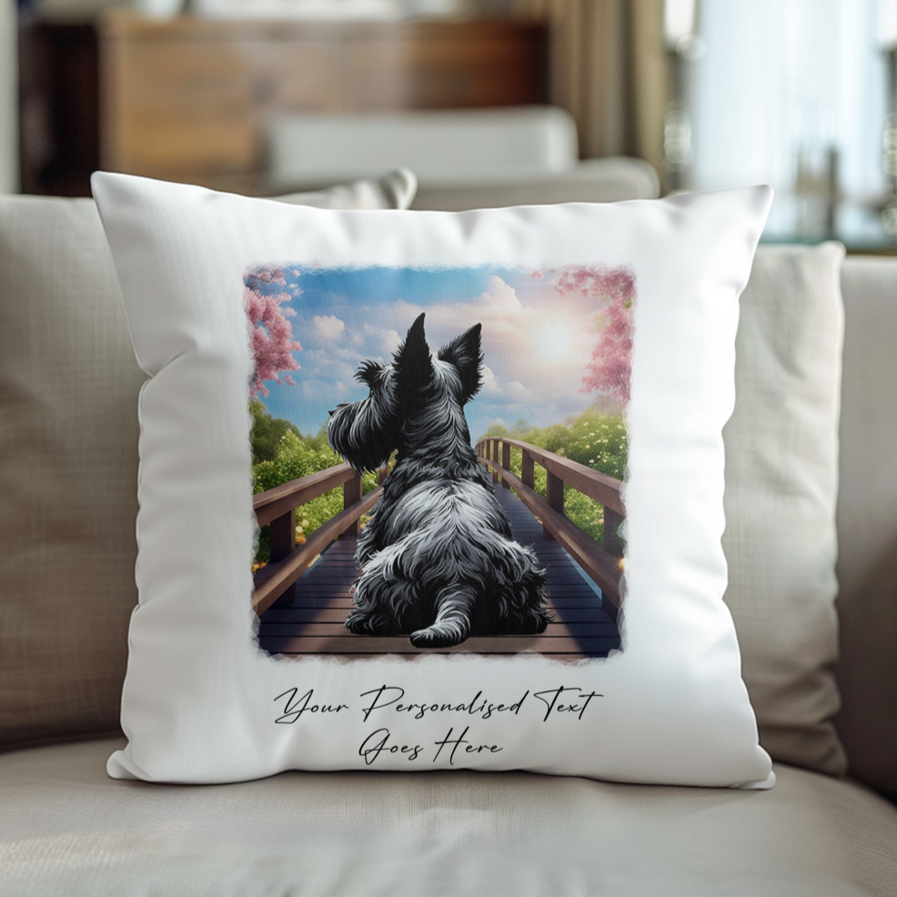 Personalised Scottish Terrier – Looking out across a Bridge Pet Gift Cushion, by Floppsie Moppsie – floppsiemoppsie at floppsiemoppsie.co.uk