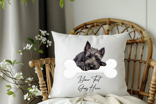 Personalised Scottish Terrier sleeping on a bone Pet Dog Keepsake Gift Cushion, by Floppsie Moppsie – floppsiemoppsie at floppsiemoppsie.co.uk