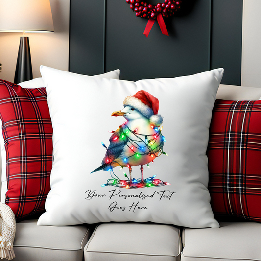 Personalised Seagull in Christmas Lights Cushion Cover Gift - Style A