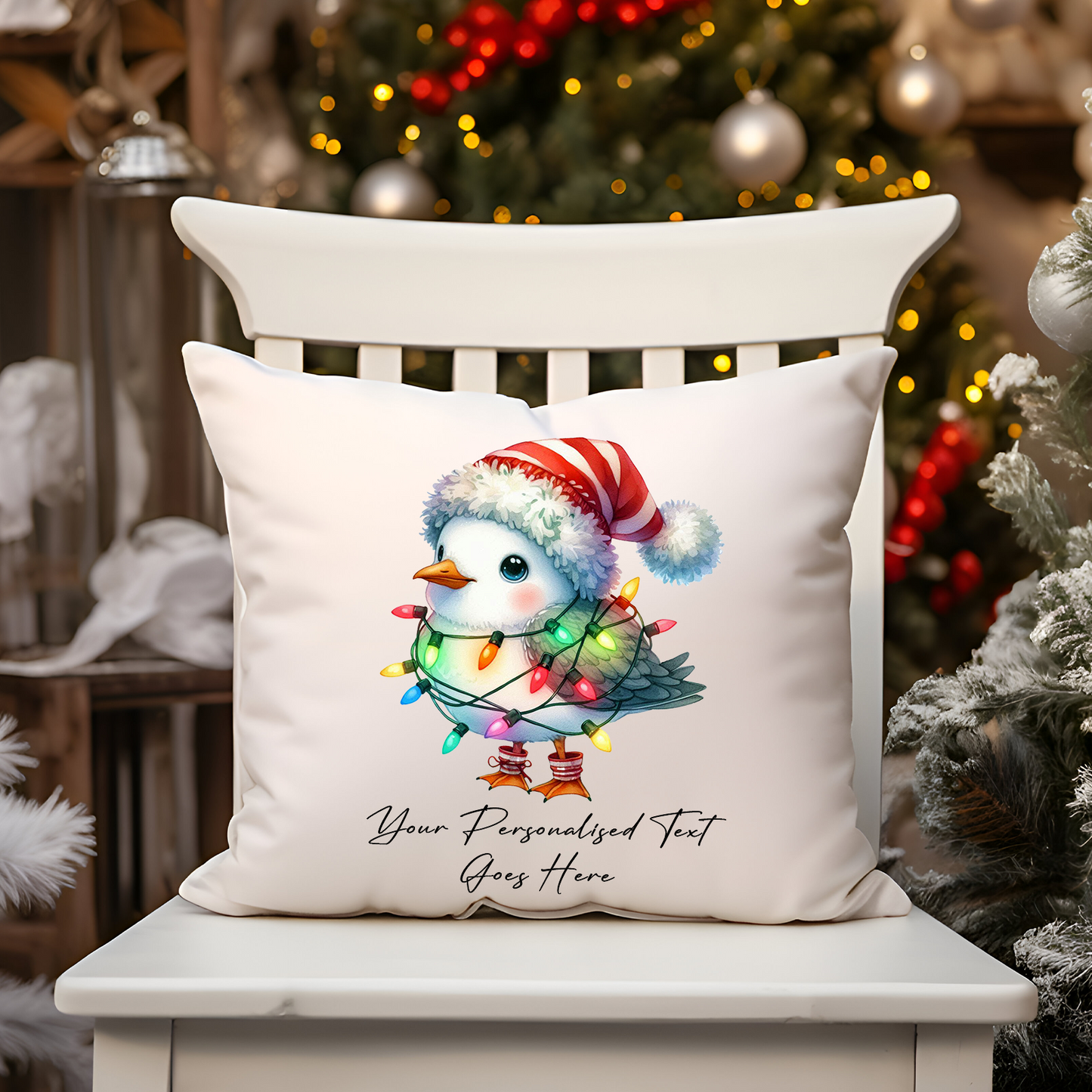 Personalised Seagull in Christmas Lights Cushion Cover Gift - Style B